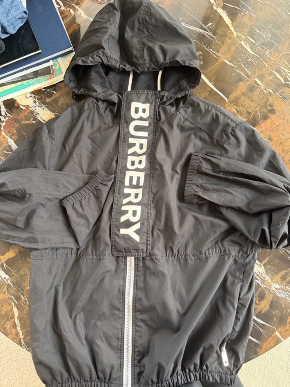 Burberry Black Hooded Windbreaker with Vertical Logo Placket